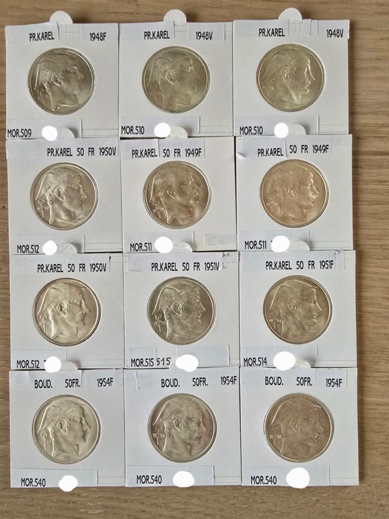 Belgische munten 12 stuks P.Karel 50F., Ophalen of Verzenden