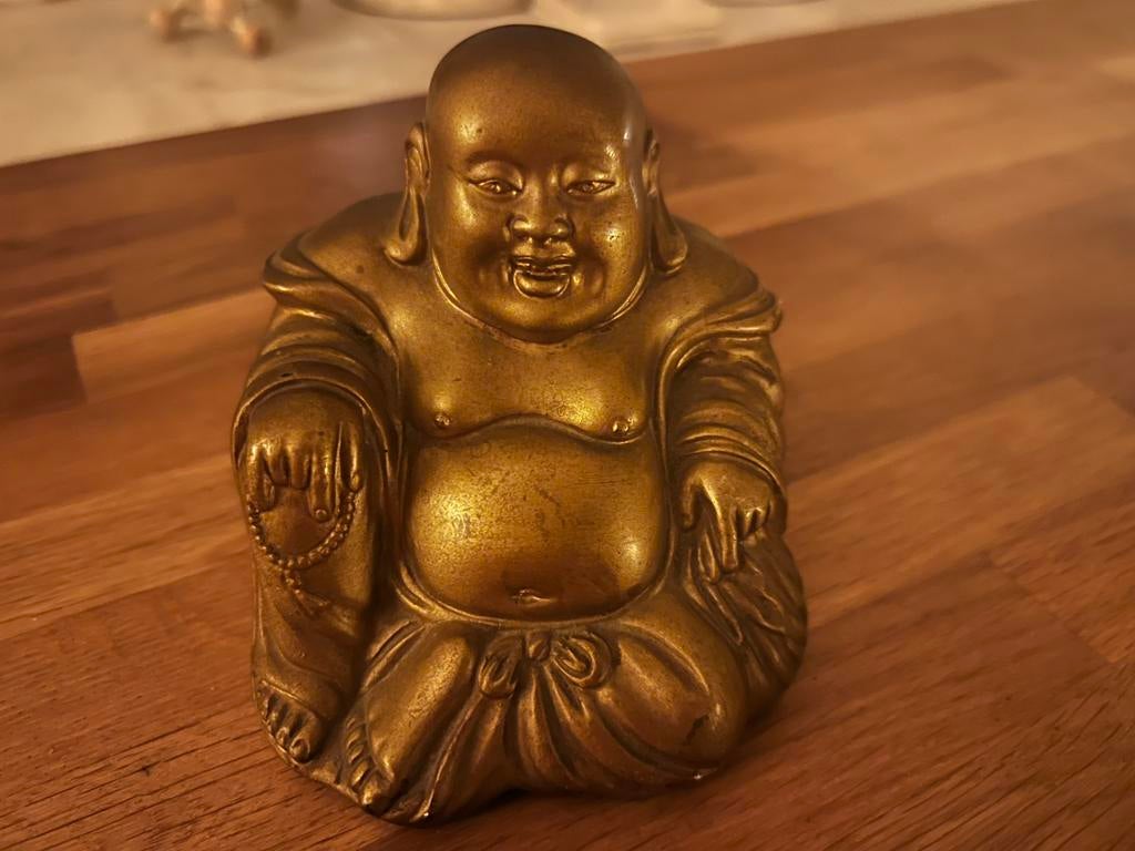 Statue Bouddha rieur en résine – patine dorée vintage, Enlèvement, Utilisé