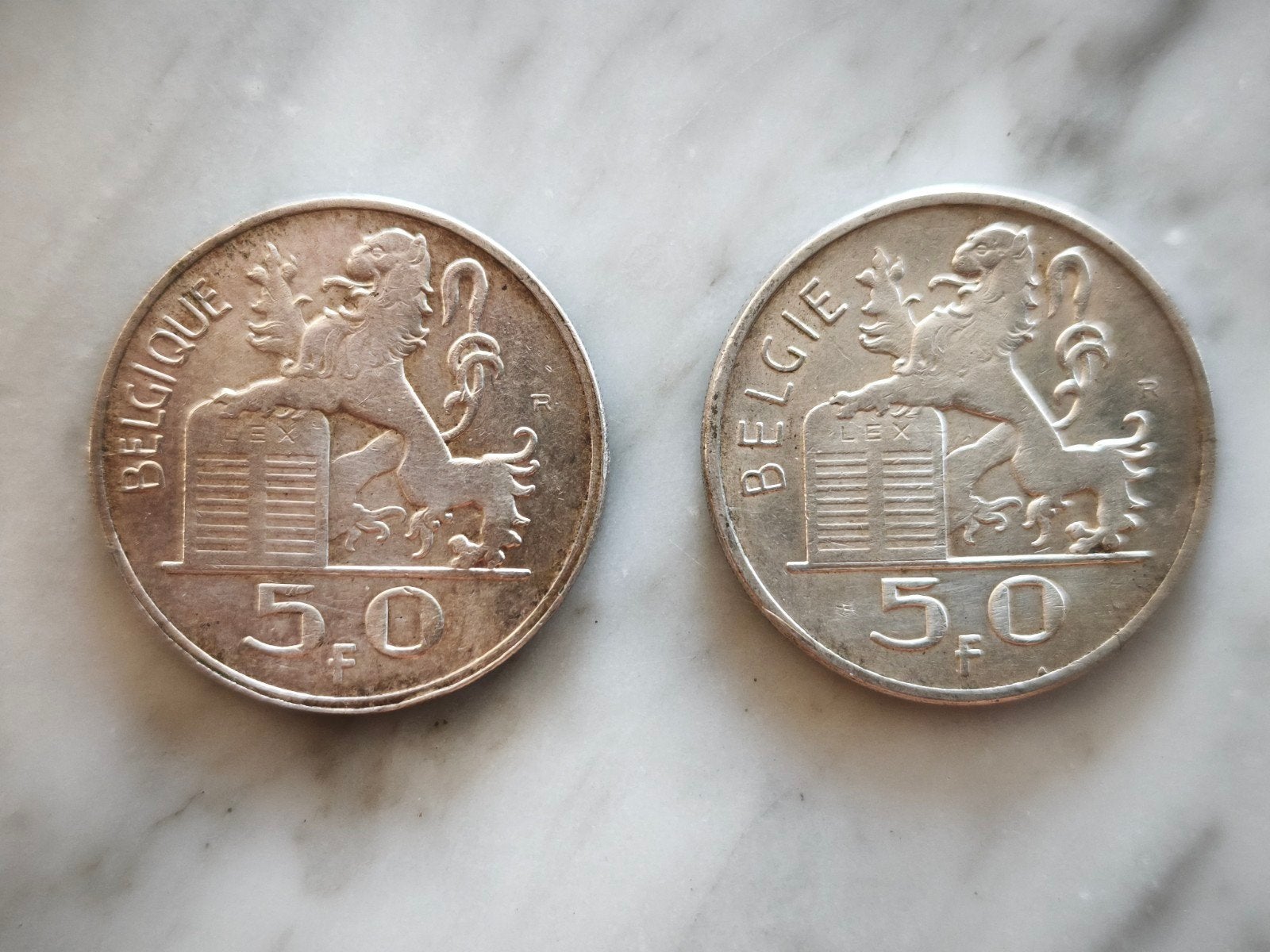 2 munten van 50 FB (FR 1948 en FL 1950), Ophalen, Zilver, Zilver