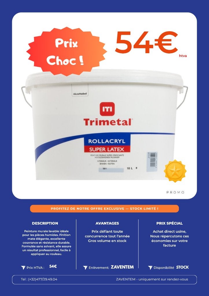 TRIMETAL ROLLACRYL SUPERLATEX 10L — BLANC, Neuf, Enlèvement, Peinture, 5 à 10 litres