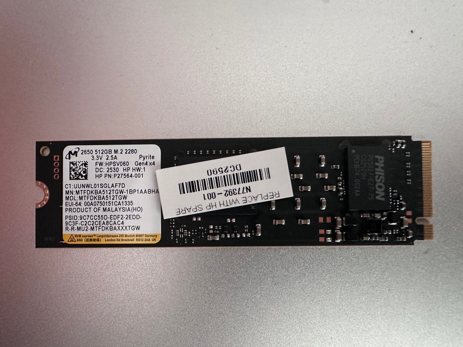 Micron - SSD 512 GB M.2 - NVMe PCIe - HP P/N: P27564-001, Computers en Software, Harde schijven, Intern, Gebruikt, SSD, 512 GB