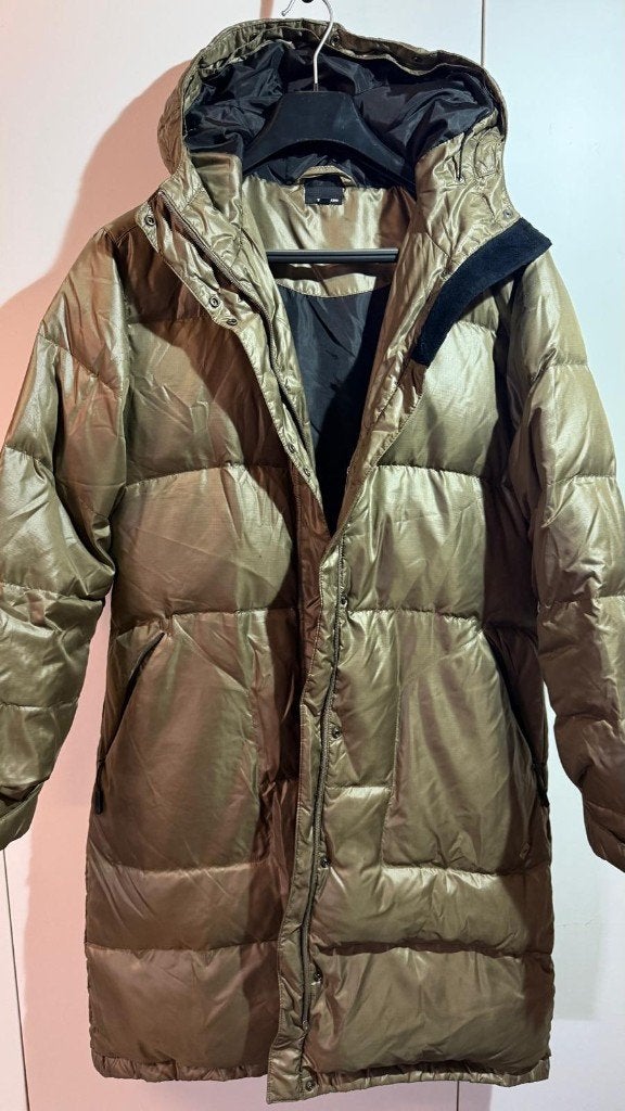 TENSON — Luxe lange donsjas | Maat 42 | Khaki/Goud, Kleding | Dames, Jassen | Winter, Zo goed als nieuw, Maat 42/44 (L), Overige kleuren