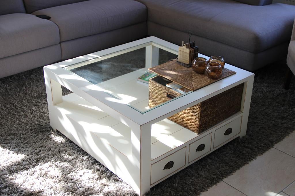 Landelijke salontafel (wit) met glasplaat, Ophalen, 50 tot 100 cm, Vierkant, 50 tot 100 cm