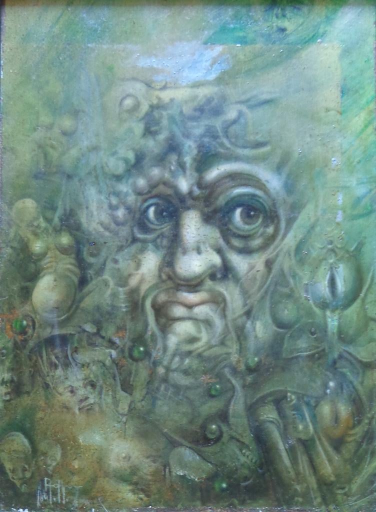 ROGER VAN BELLEGHEM / VREEMD WEZEN / OLIEVERF 37x29cm KADER, Enlèvement ou Envoi, Signé, Peinture à l'huile