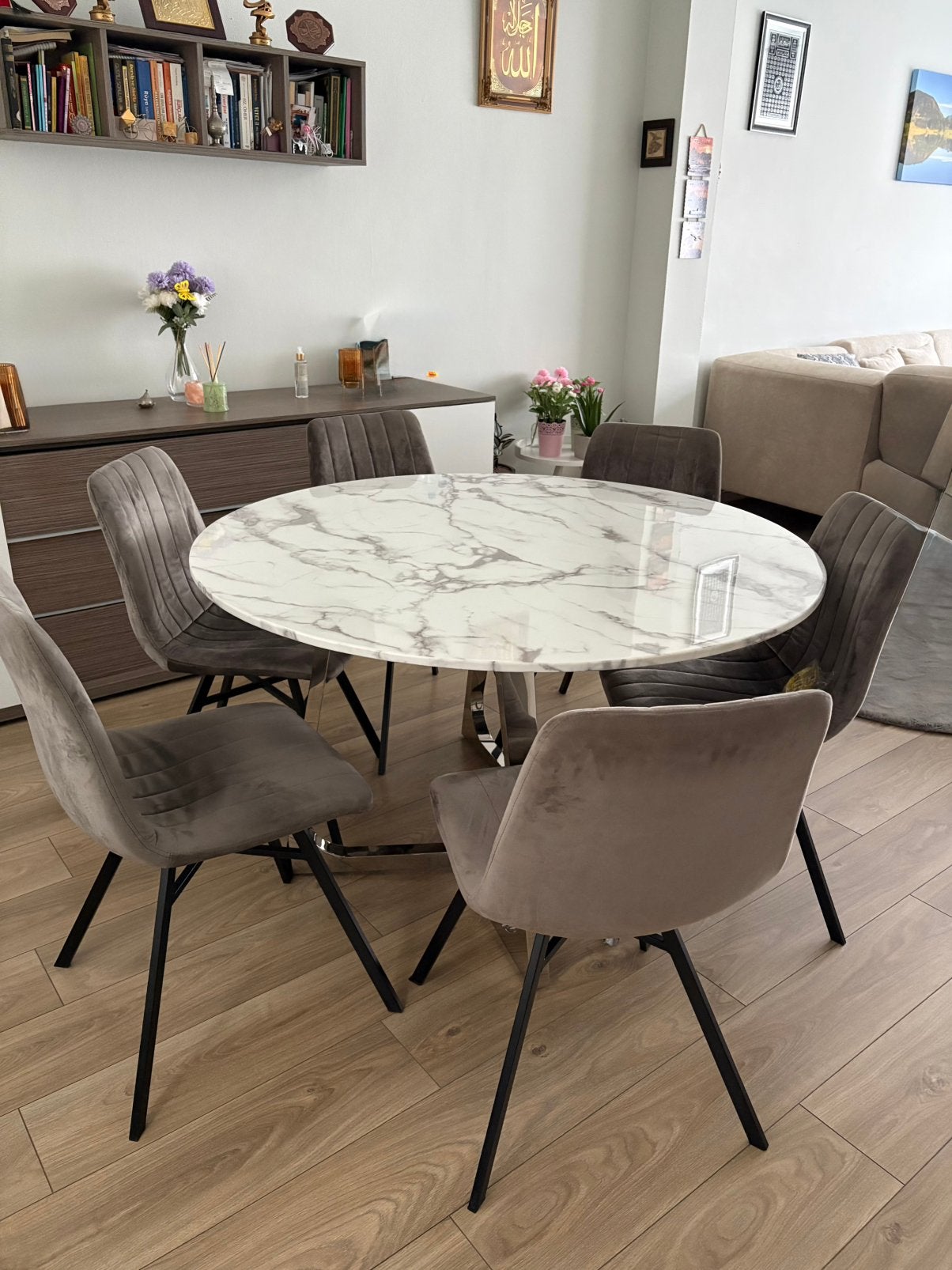 Eettafel met 6 stoelen, 100 à 150 cm, Cinq personnes ou plus, Rond, 100 à 150 cm
