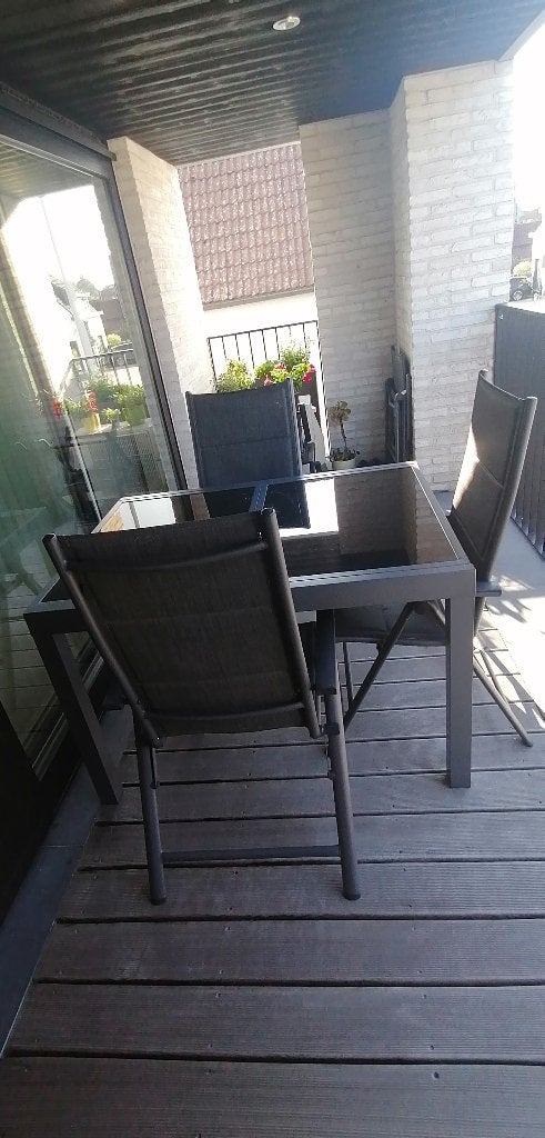 terrastafel en 3 stoelen, Tuin en Terras, Tuintafels, Ophalen, Gebruikt, Rechthoekig, Aluminium
