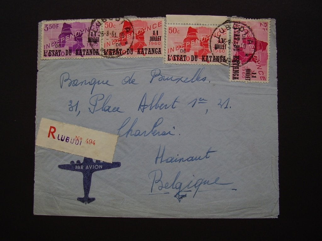 Luchtpostbrief aangetekend Lubudi naar Charleroi 26/08/61, Enlèvement ou Envoi, Lettre