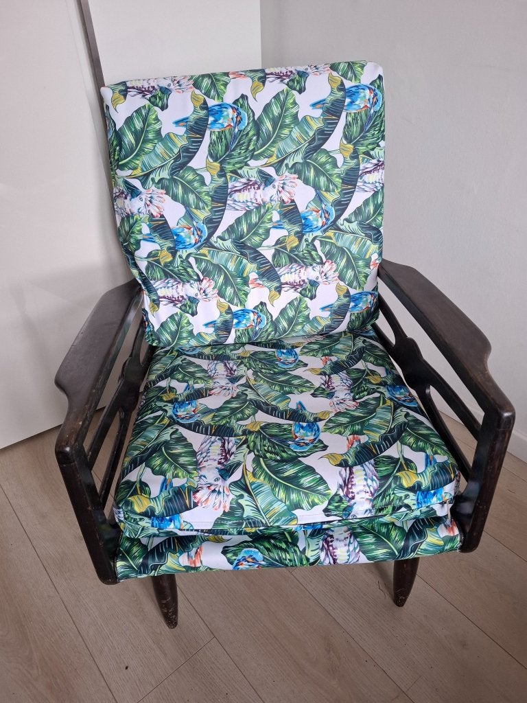 Vintage houten fauteuil / retro lounge chair met kussens, Ophalen, Gebruikt, Minder dan 75 cm, Retro