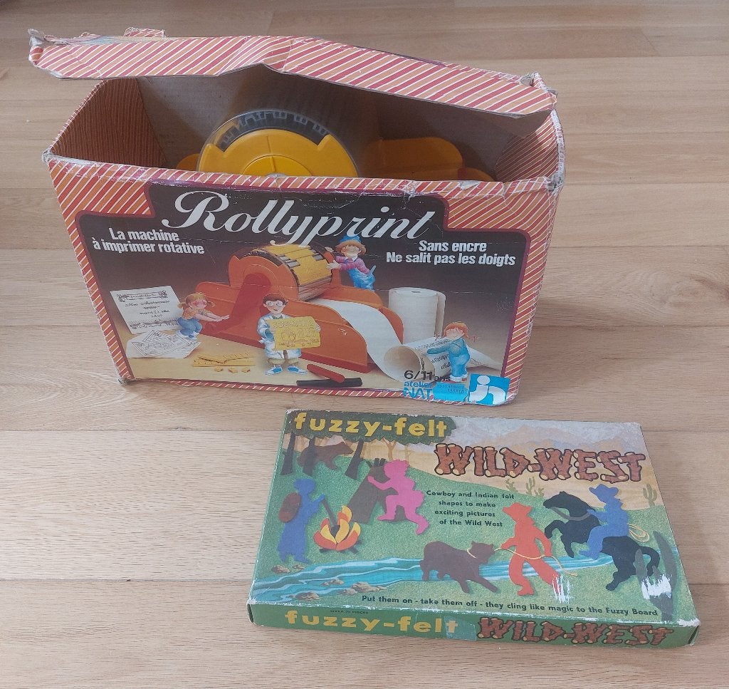Lot de 2 jouets anciens Fuzzy-Felt Wild-West et Rollyprint, Ophalen of Verzenden, Gebruikt