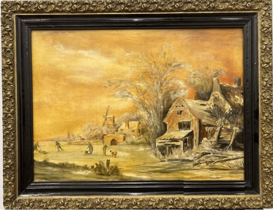 huile sur panneau paysage hollandais enneige, Antiquités & Art, Art | Peinture | Classique, Enlèvement ou Envoi, Paysage, Panneau