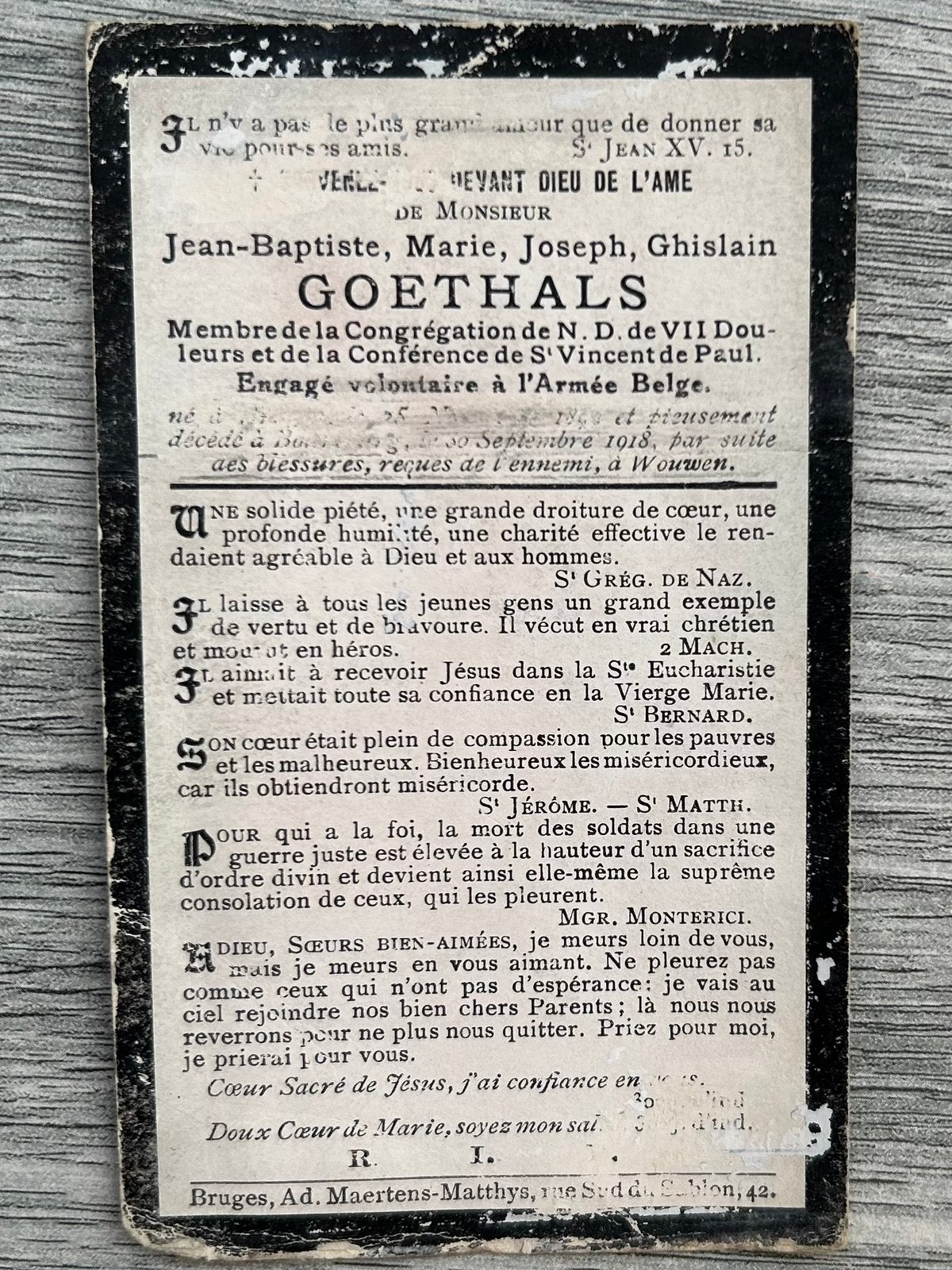 1918 : SOLDAAT-OORLOGSVRIJWILLIGER Goethals , geboren Brugge, Verzamelen, Bidprentjes en Rouwkaarten, Ophalen of Verzenden