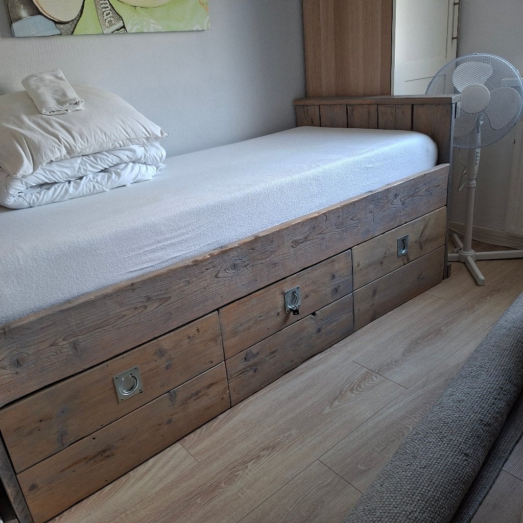 Stoer steigerhouten bed met lades, 85 tot 100 cm, Zo goed als nieuw, 180 cm of meer, Ophalen