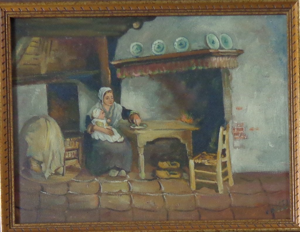 ONLEESBAAR / INTERIEURZICHT / OLIEVERF / 41x51cm / KADER SIG, Antiquités & Art, Portrait ou Personnes, Enlèvement ou Envoi, Peinture à l'huile