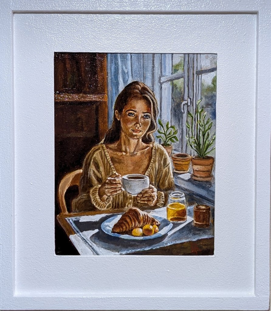 « Café du matin », Textile, Peinture à l'huile, Portrait, Passe-partout