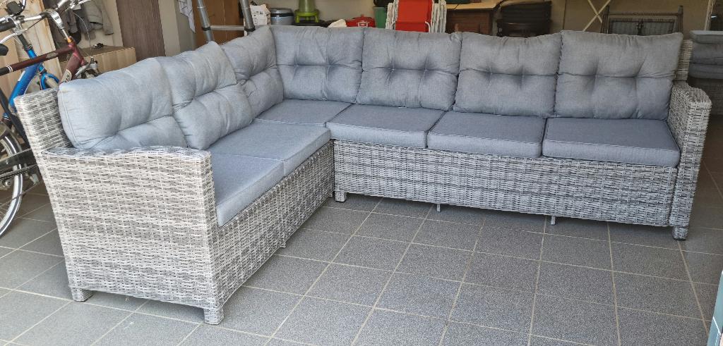 Grijze wicker hoeklounge, 5 places, Osier, Banque, Comme neuf