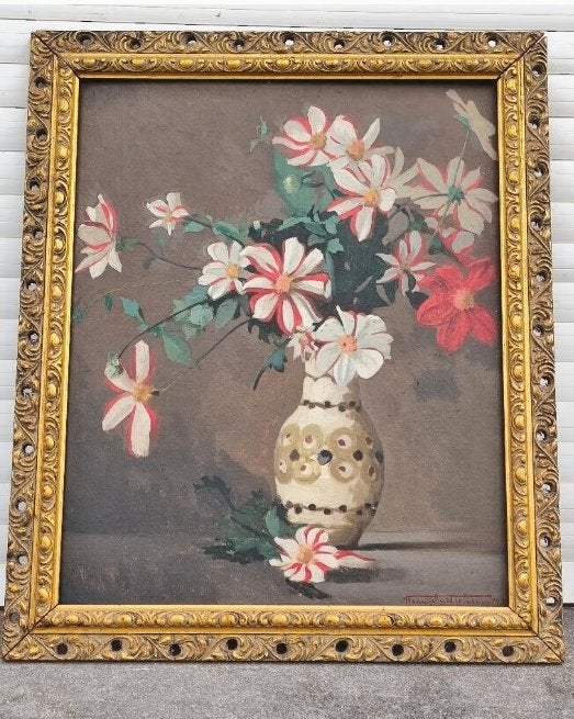 huile sur panneau fleurs signe hemri quittellier, Antiquités & Art, Enlèvement ou Envoi, Fleurs, Panneau