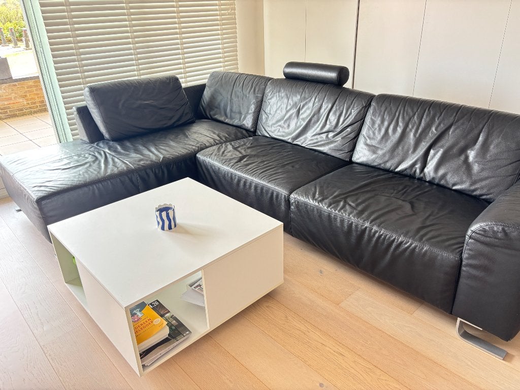 Lederen hoekzetel met longchair-goeie staat, Trois personnes, 250 à 300 cm, Banc d'angle, Enlèvement