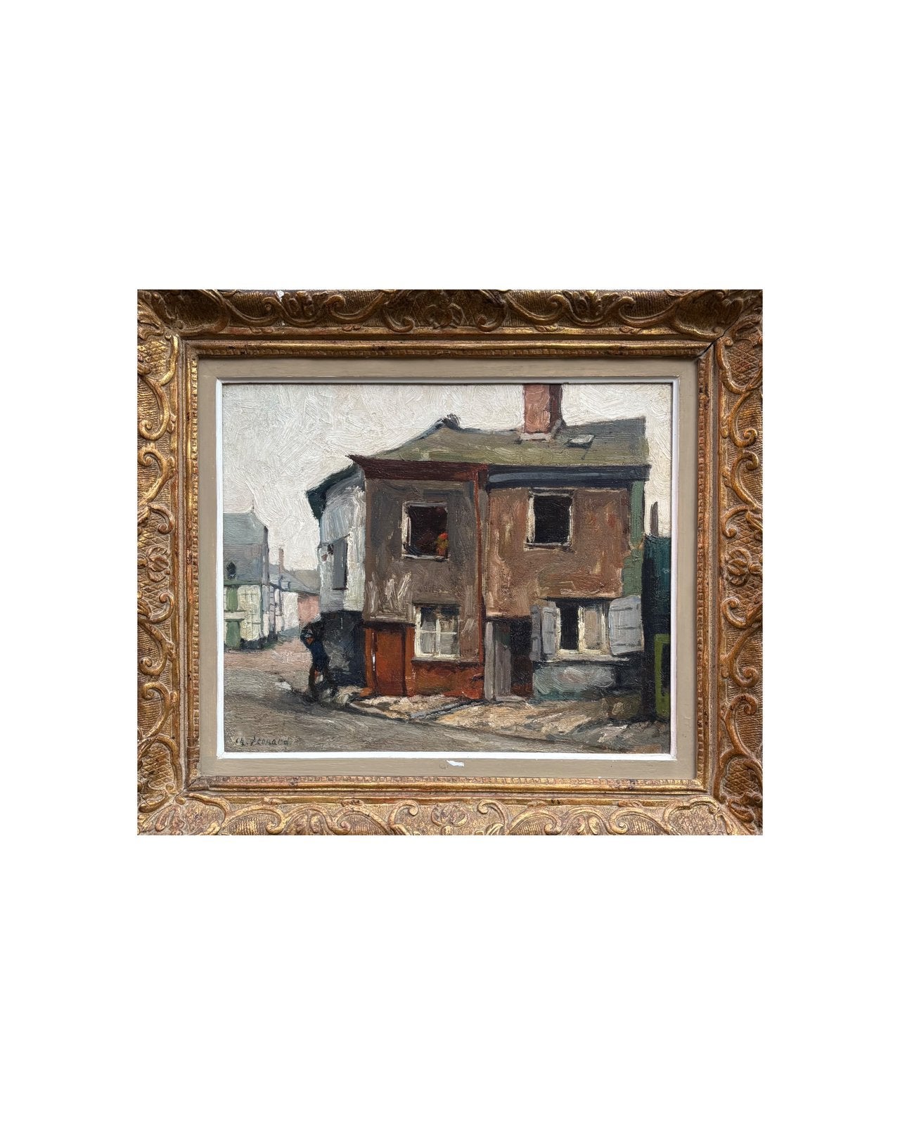 Peinture à l'huile d'une vue de village par Charly Léonard, Antiquités & Art, Œuvre originale, Peinture à l'huile, Panneau, Enlèvement
