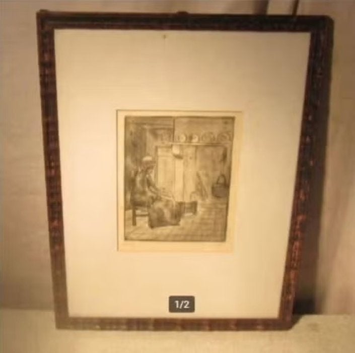 Mooi Oude Ets 'Vrouw in de Huiskamer' - V Buys, Ophalen of Verzenden, Dagelijks leven, Ets, Genummerd