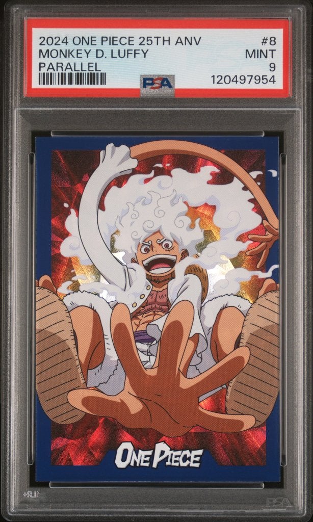 One Piece 25th Anniversary Monkey D. Luffy Parallel PSA 9, Ophalen of Verzenden, Zo goed als nieuw, Losse kaart, Foil