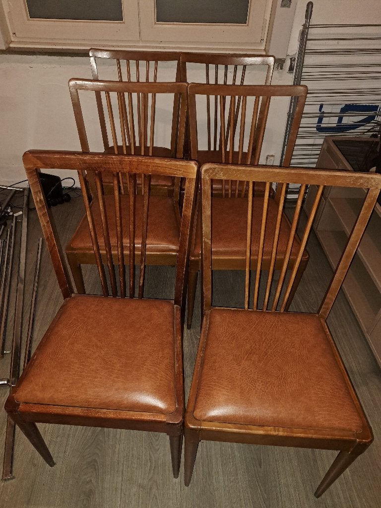 6 houten stoelen met lederen zitkussen, Huis en Inrichting, Ophalen, Gebruikt, Bruin, Massief hout