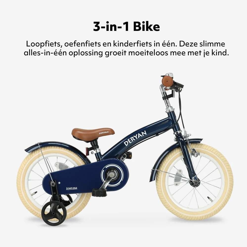 DERYAN 3-in-1 Kinderfiets 14 inch – Loopfiets en Fiets Blauw, Ophalen of Verzenden, Zo goed als nieuw