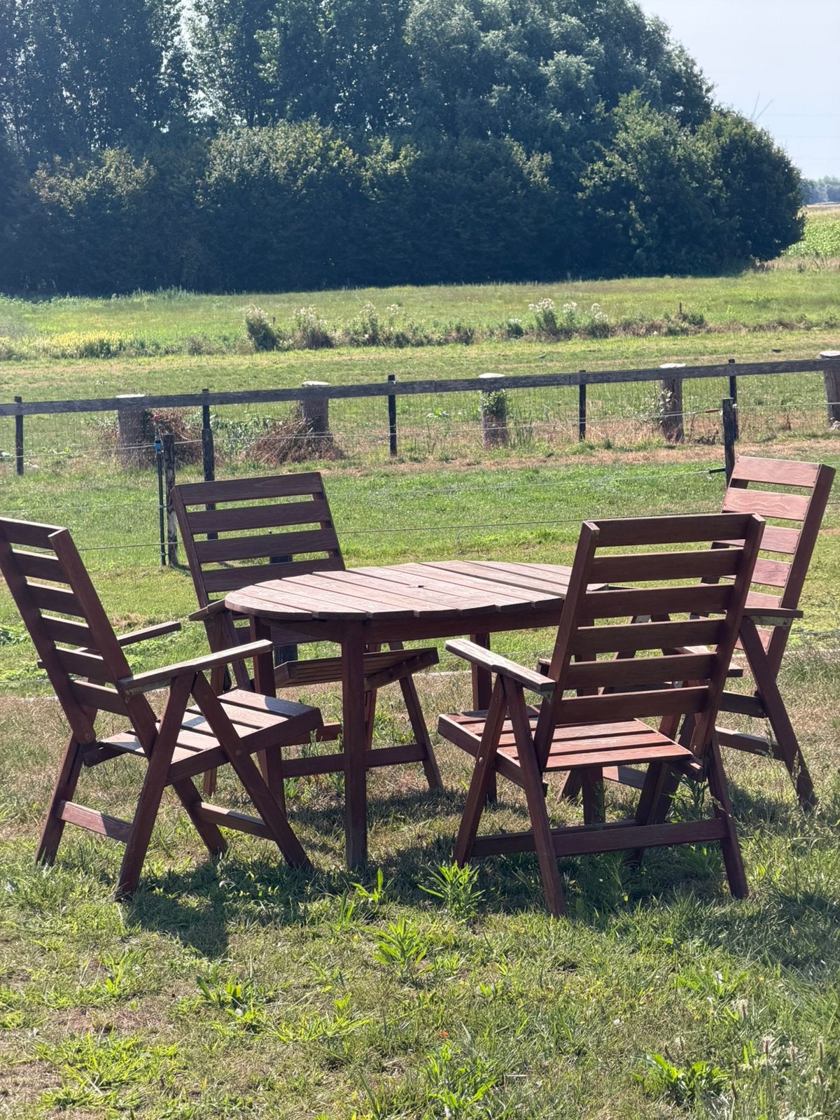 Houten tafel met stoelen, Tuin en Terras, Ophalen, 4 zitplaatsen, Gebruikt, Tuinset