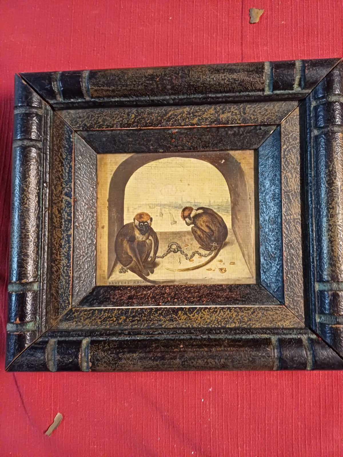 Peinture avec deux singes enchaînés, Antiquités & Art, Art | Peinture | Classique, Enlèvement ou Envoi, Autres techniques, Panneau