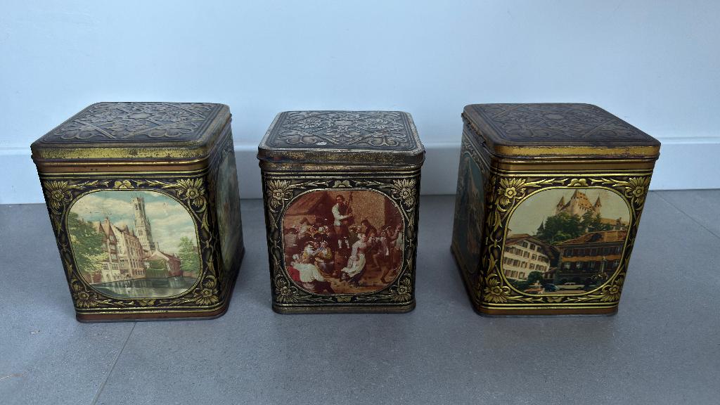 3 antieke of vintage metalen koek- of voorraadblikken, Ophalen of Verzenden