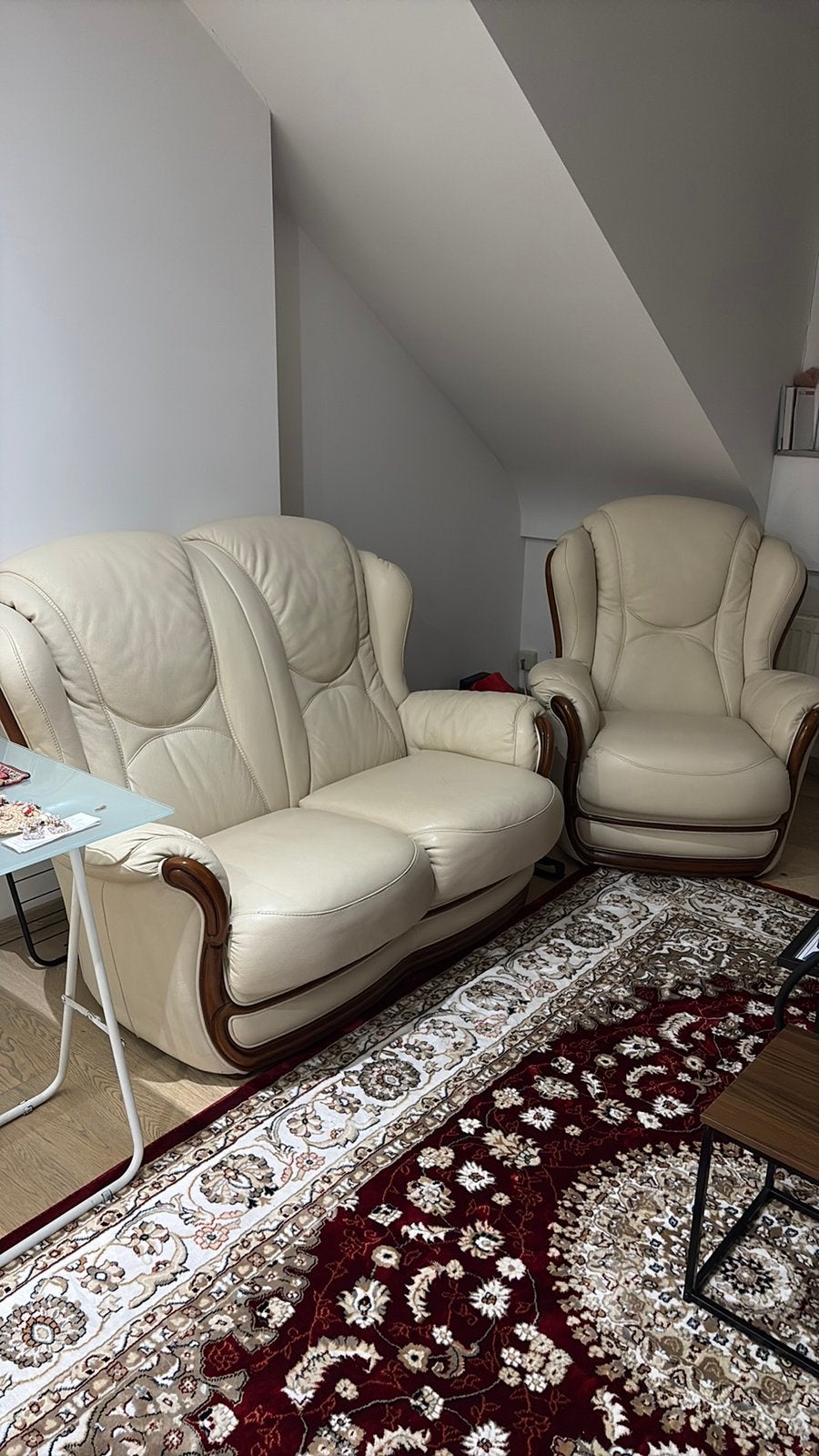 Ensemble salon cuir crème vintage, Maison & Meubles, Enlèvement ou Envoi, Comme neuf, Bois
