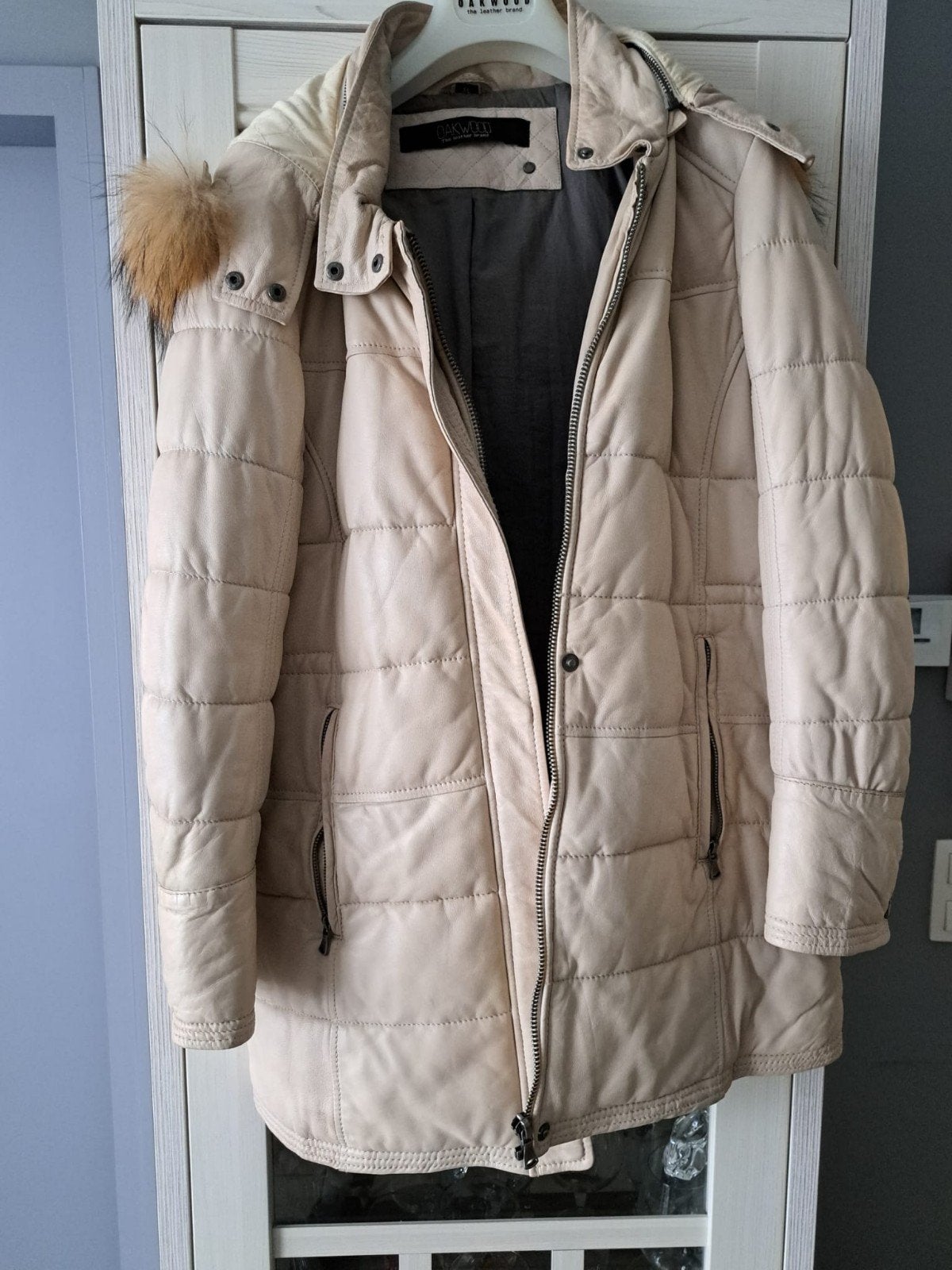 Wit beige lederen vest vrouwen met afneembare kap maat 42, Ophalen, Zo goed als nieuw, Maat 42/44 (L), Beige