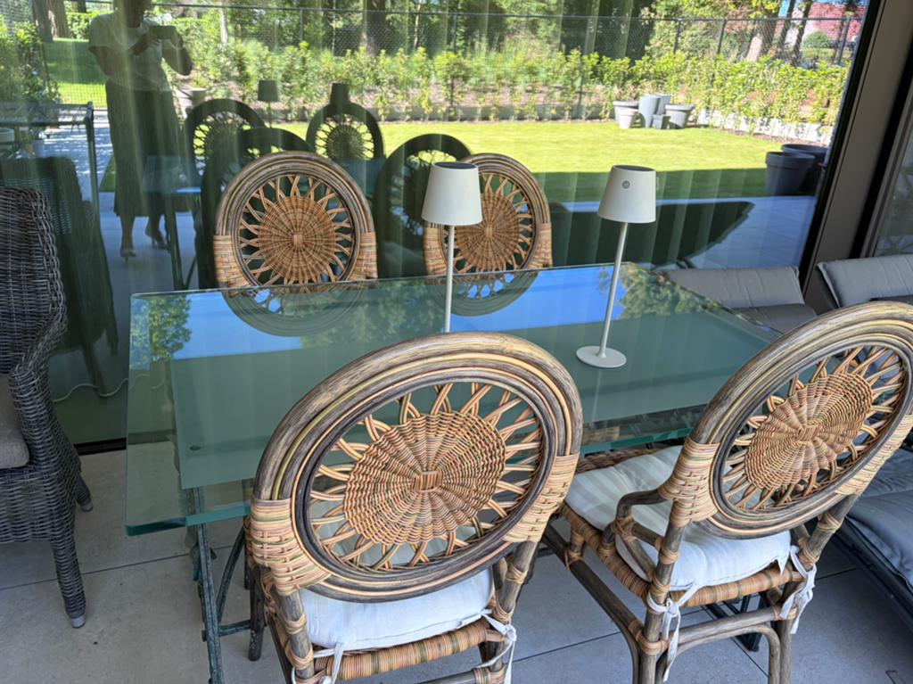 Smeedijzeren tweeslag tafel met4 Gasparucci stoelen., Gebruikt, 100 tot 150 cm, 50 tot 100 cm, Glas