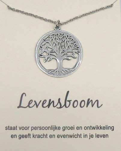 Levensboom hanger aan ketting, op cadeaukaartje, Ophalen of Verzenden, Nieuw, Zilver, Zilver