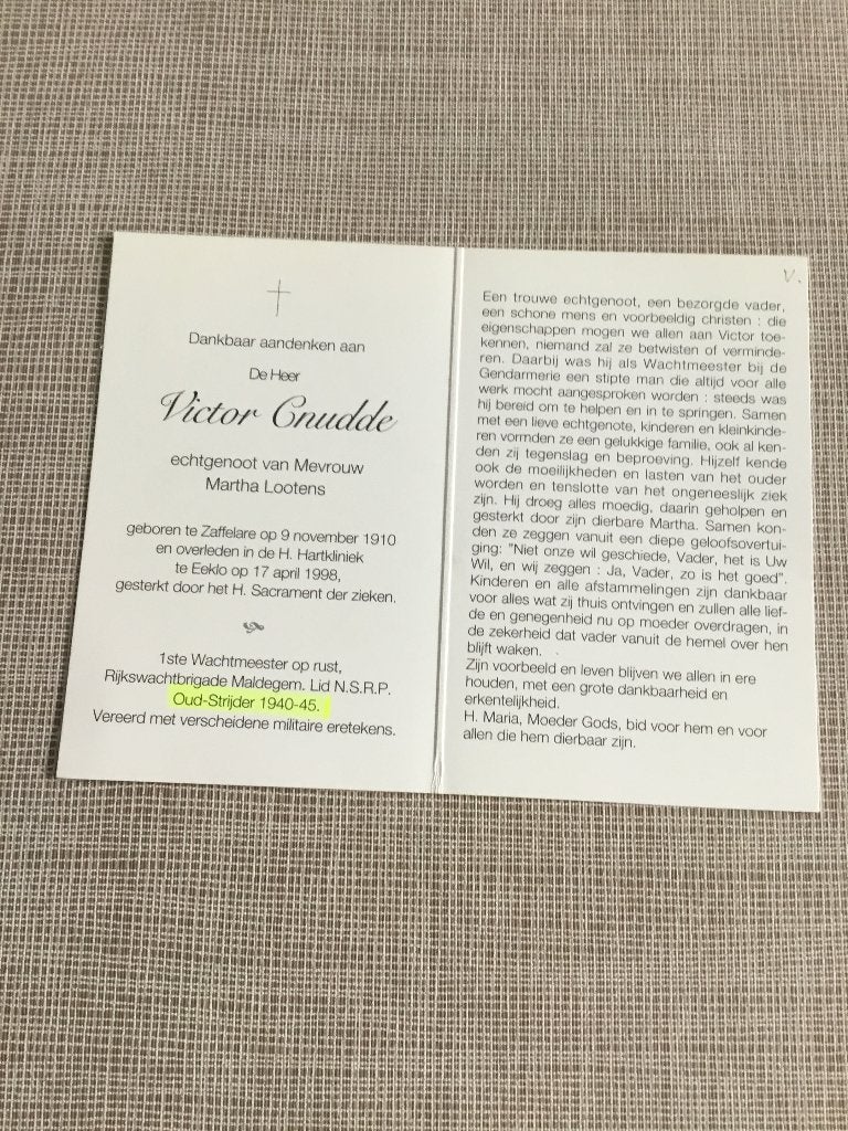 Rijkswachter Maldegem V.Cnudde Zaffelare +Eeklo. M.Lootens, Verzamelen, Ophalen of Verzenden, Bidprentje