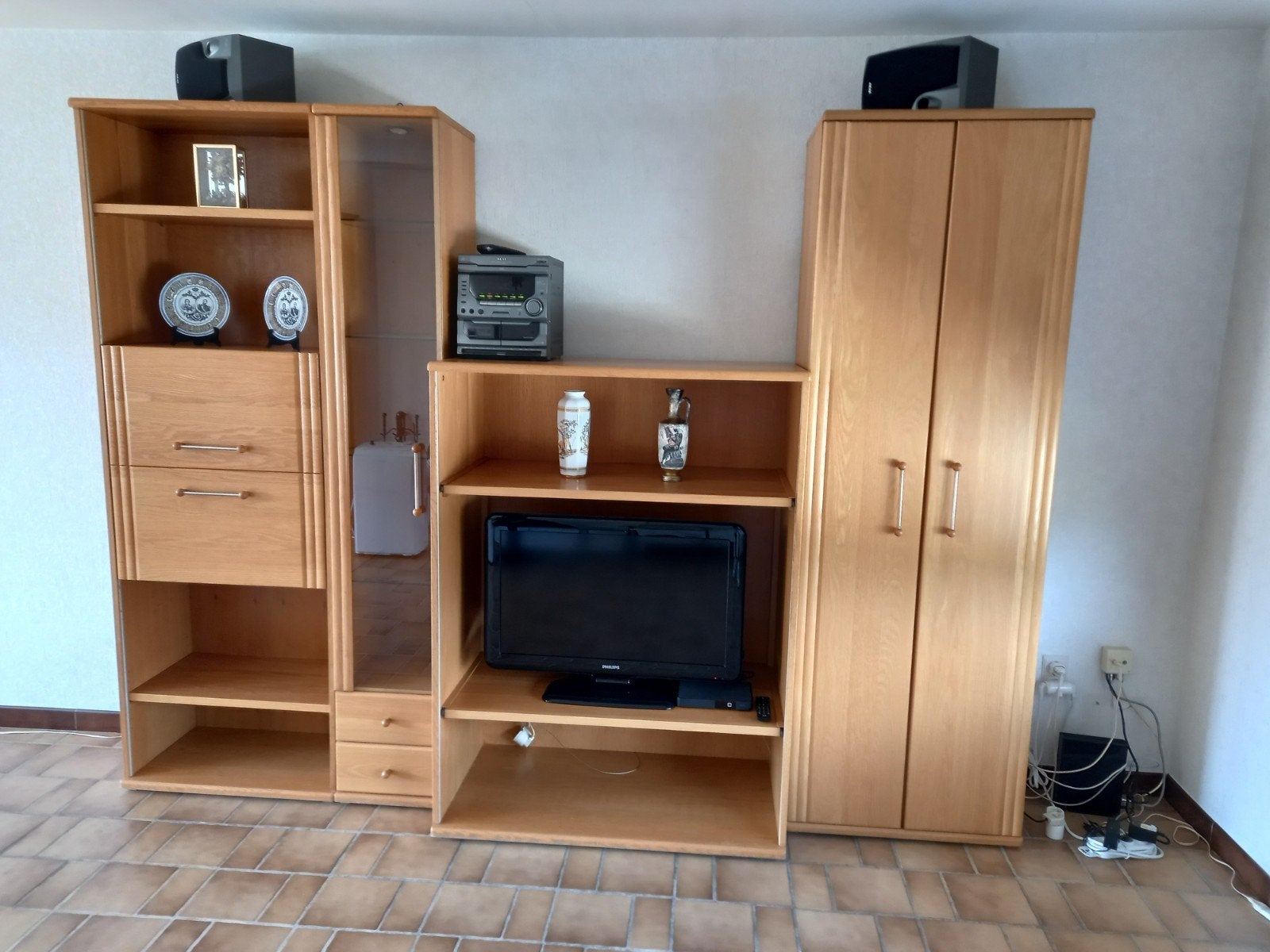 Wandmeubel lichte houtkleur, wandkast, boekenkast, tv meubel, Huis en Inrichting, Kasten | Wandmeubels, Ophalen, 250 tot 300 cm