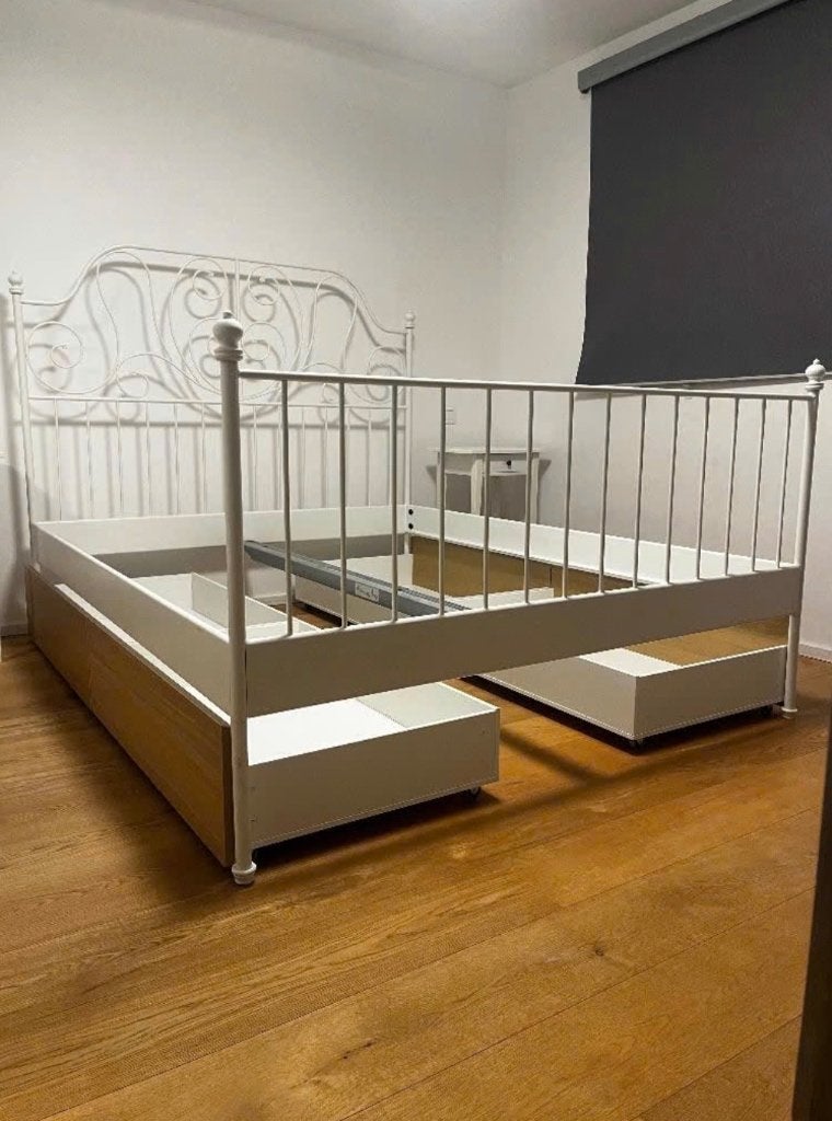 Lit IKEA avec tiroirs et tables de nuit sans sommiers, Maison & Meubles, Enlèvement, Utilisé, Blanc, Deux personnes