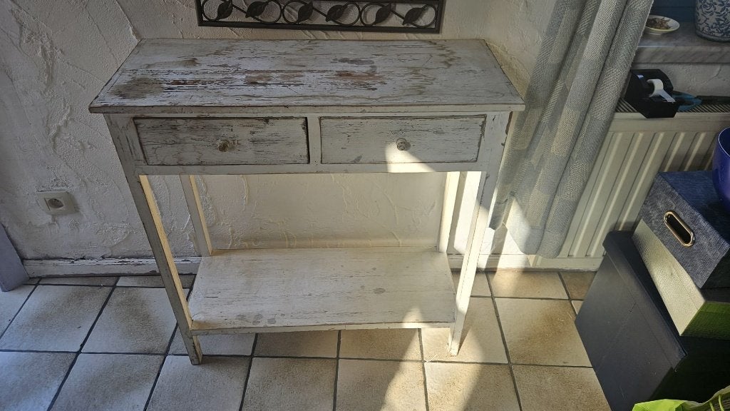Console blanche en bois – meuble d’entrée / 2 tiroirs, Antiquités & Art, Enlèvement