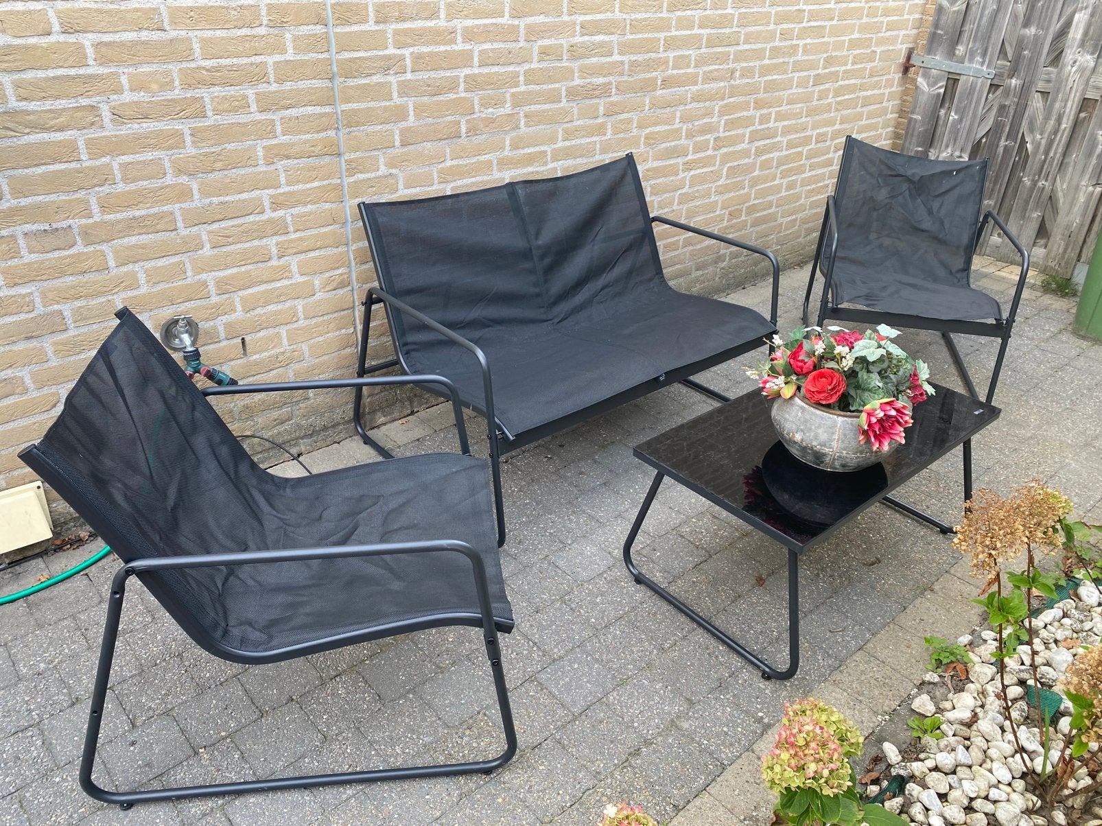 Ensemble de salon noir compact avec plateau en verre, Jardin & Terrasse, Ensembles de jardin, Neuf, Enlèvement ou Envoi, 4 places