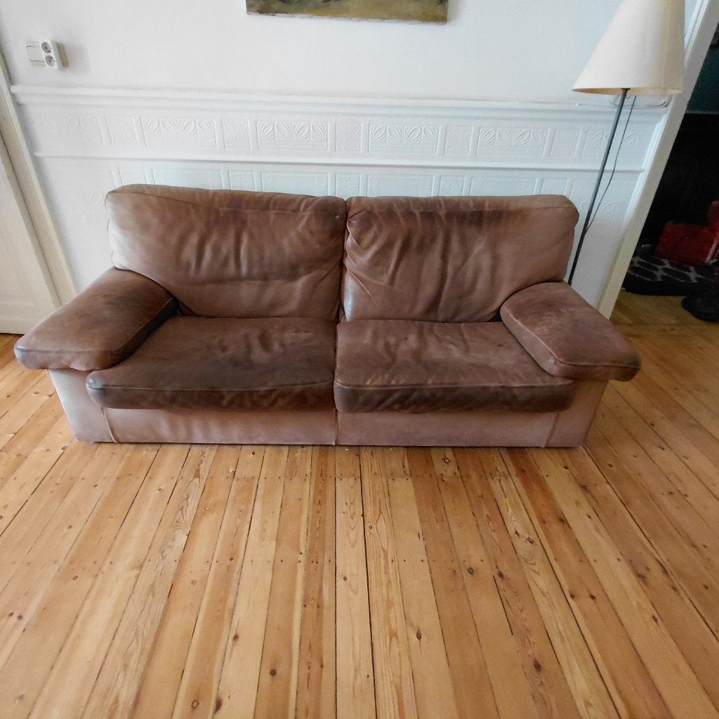 divan cuir brun - urgent !!!, Ophalen, Gebruikt, Driepersoons, Rechte bank