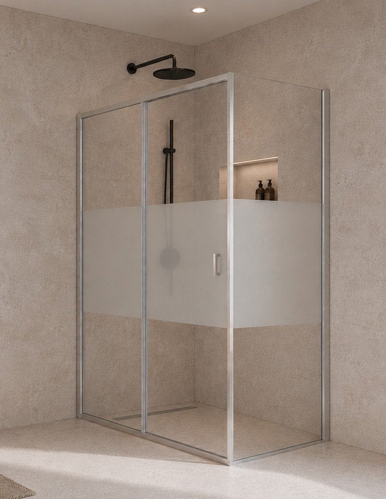 Douche schuifdeur 1m40 + vast deel 90cm: Toonzaal model, Doe-het-zelf en Bouw, Ophalen, Zo goed als nieuw, Chroom, Douche