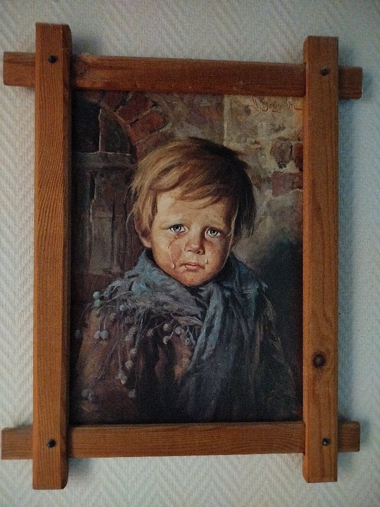 Tableau " Enfant triste" sur cadre en bois 51 / 41 cm, Enlèvement ou Envoi, Bois, Avec système de suspension