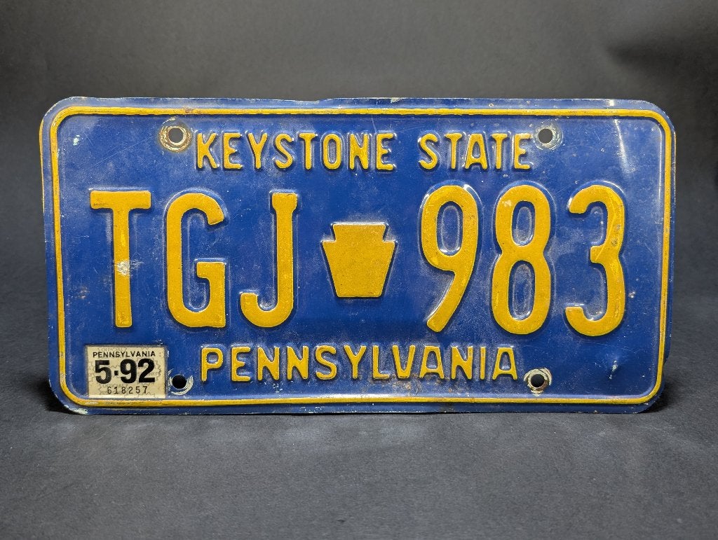 Pennsylvania License Plate 1992 (USA), Bleu, Métal, Objet de décoration, Vintage