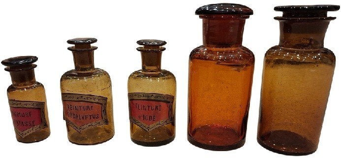 5 vieux flacons de pharmacie, Antiquités & Art, Antiquités | Verre & Cristal, Enlèvement ou Envoi