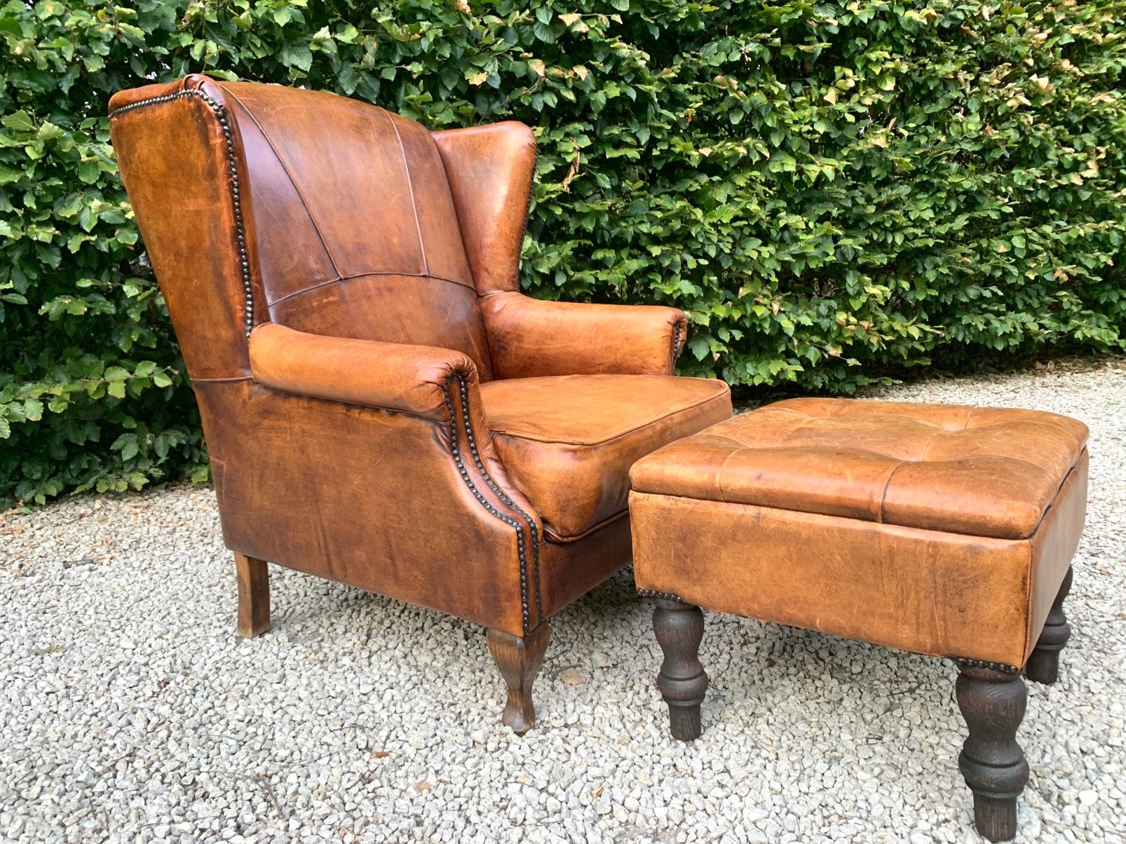 Top cognac Schaapsleder Wingback Armchair Fauteuil + Poef, Ophalen
