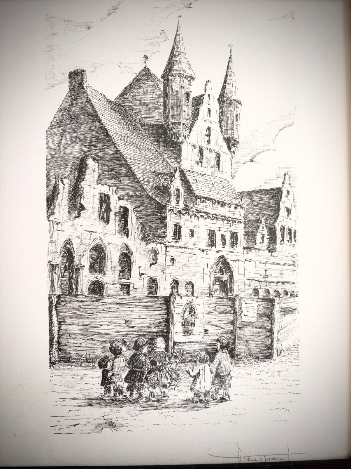 ️ Mooie Gravure Oude Lakenhalle Mechelen, Enlèvement ou Envoi, Eau-forte, Dessin à la plume