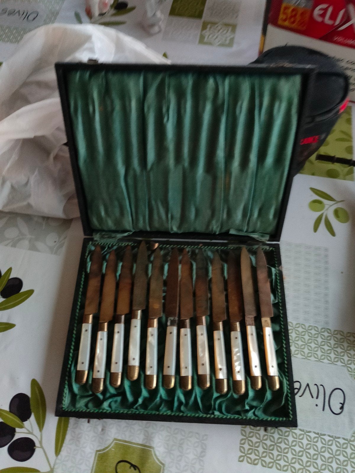 set van 12 messen van brons en parelmoer, Ophalen of Verzenden
