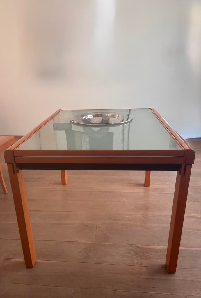 Uitschuifbare eettafel in kersenhout met glazen inlegbladen, Ophalen, Gebruikt, 200 cm of meer, 50 tot 100 cm