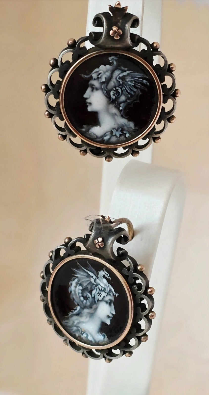 Antieke goud/zilver oorhangers met email, Napoleon III tijd, Bijoux, Sacs & Beauté, Enlèvement ou Envoi, Or, Broche