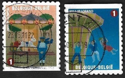 2 Postzegels België 2011 De foor, Oblitéré, Enlèvement ou Envoi, Enfants, Affranchi