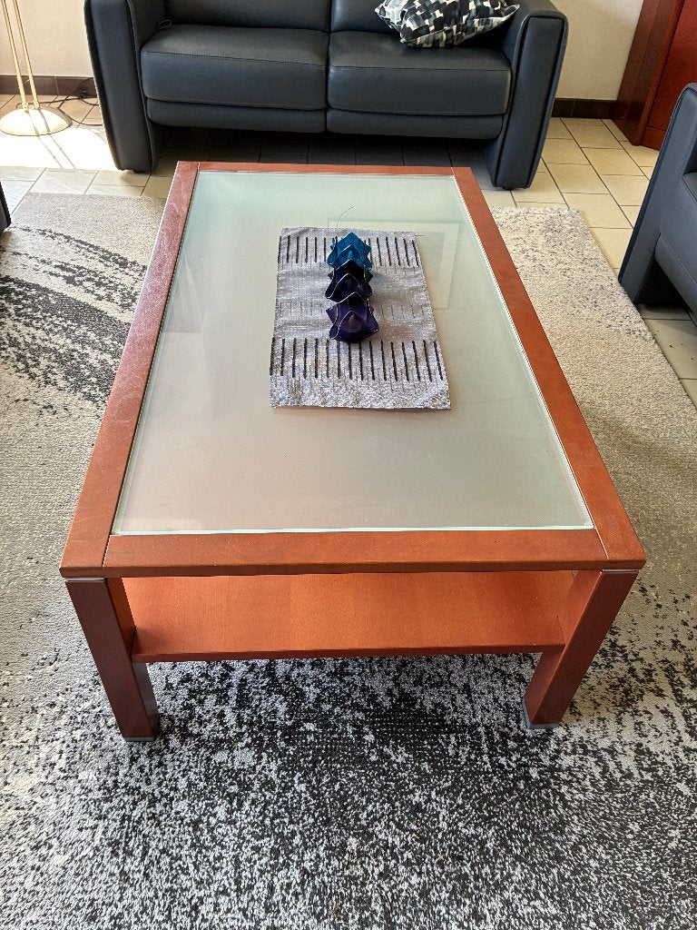Stijlvolle salontafel hout & glas - zeer goede staat, Ophalen, 100 tot 150 cm, 50 tot 100 cm, Kersenhout